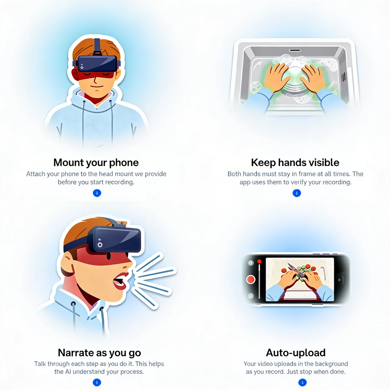 How the recording app works: mount your phone, keep hands visible, narrate as you go, auto-upload